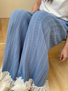 Dazy Plus Quần pajama ống dài suông rộng rãi, cạp chun, phối ren hoa, dễ thương. - Màu xanh lam - Xem 9