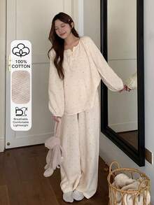 DAZY Polka Dot Print Loose Lantern Sleeve Women Pajama Set, Soft Crepe Fabric - Beige - View 5