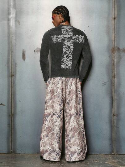 PAVTROS 男士街头风长袖T恤，圆领长袖T恤，复古做旧抓绒面料，华夫格纹理面料，展现独特风格，哥特图案印花，骷髅头图案，高街时尚，青年风，节日礼物，男友礼物