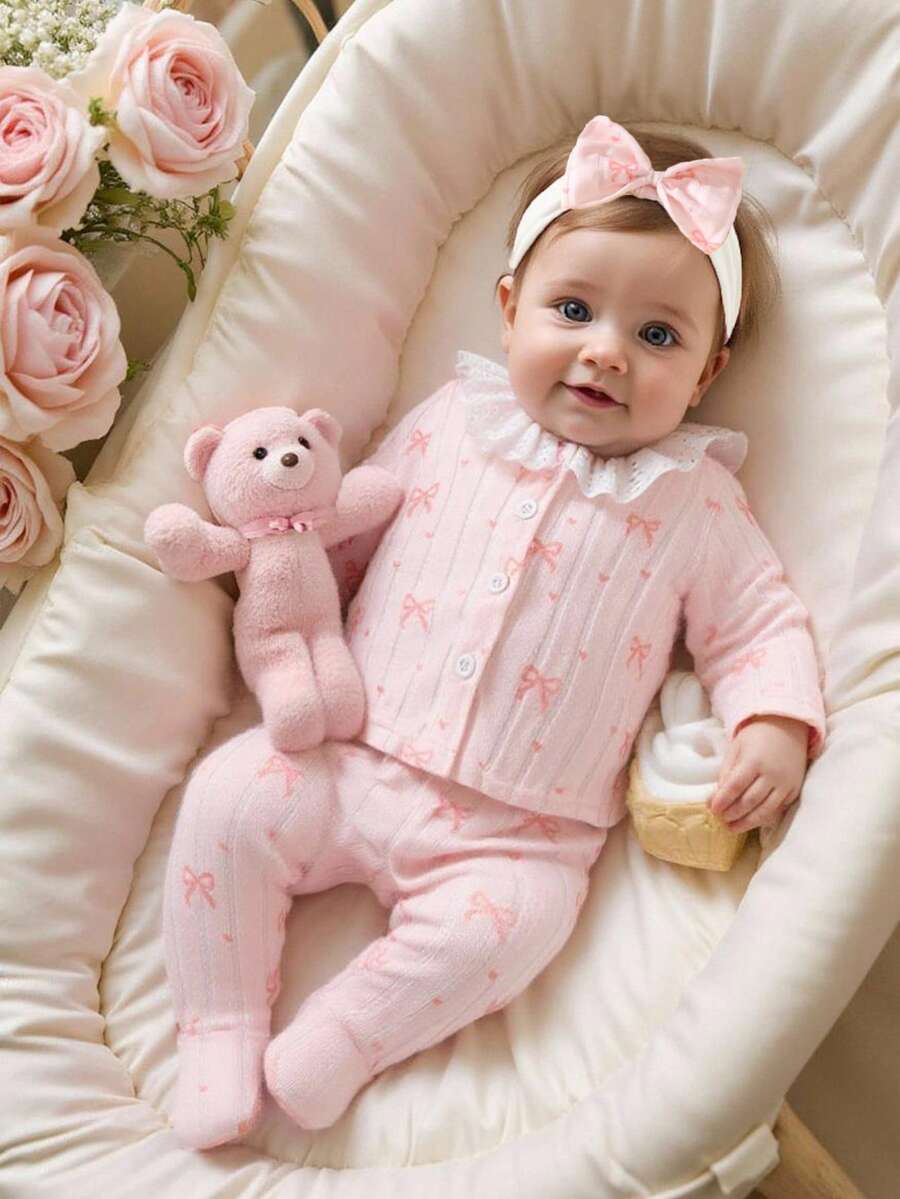 SHEIN 3件套女婴可爱甜美圆领蕾丝边长袖上衣+裤子+发带套装，粉色条纹樱桃印花图案，婴儿女童服装，休闲舒适，时尚简约，实用多功能，柔软舒适，适合作为礼物，每个宝宝必备，四季皆宜，适合户外活动 - 粉色 - 查看 1