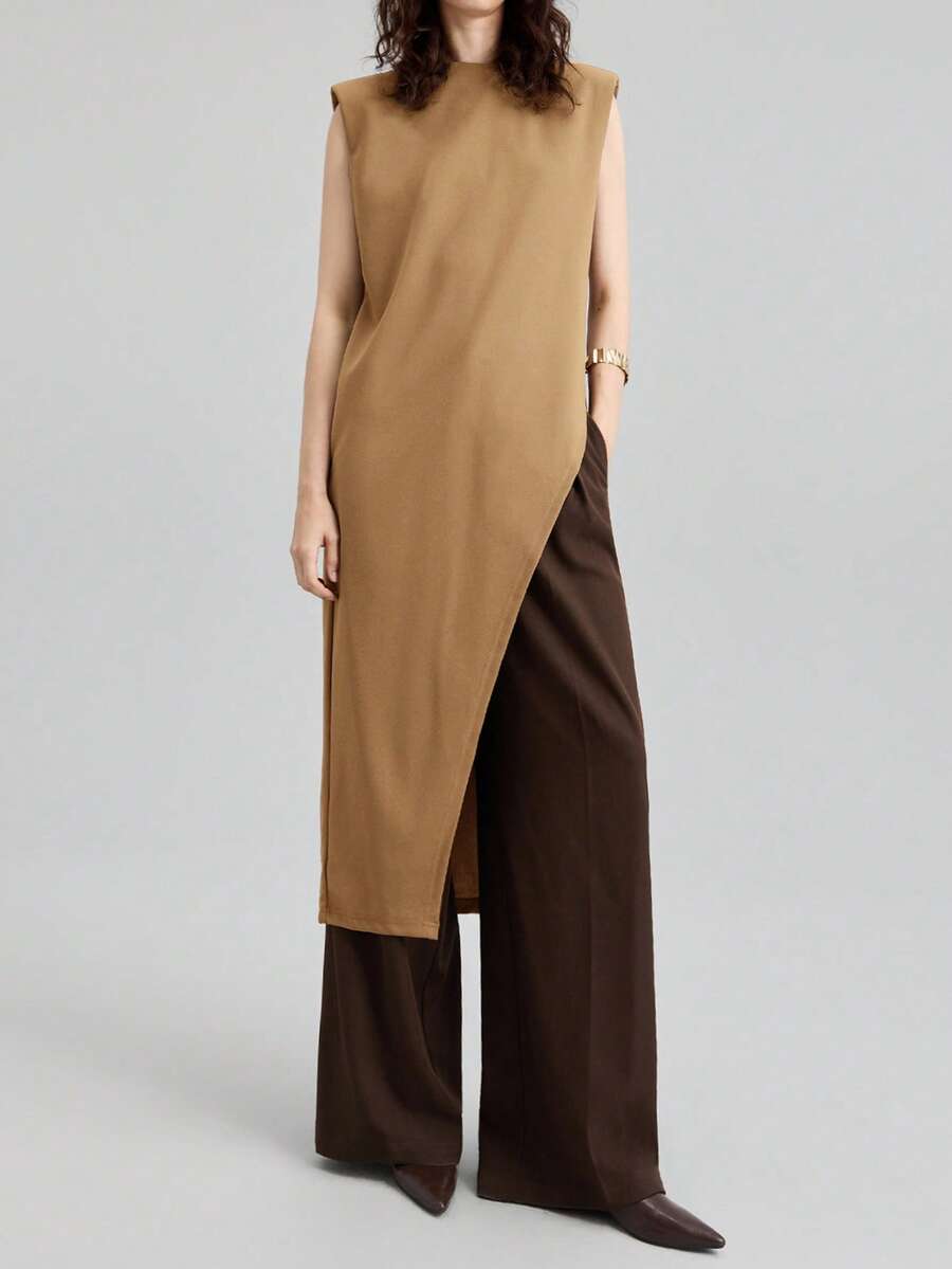 Ontre Áo kiểu nữ không tay dáng rộng, vạt bất đối xứng, dài, thích hợp mặc đi làm/đi chơi, thanh lịch cho thành thị, hẹn hò, dự đám cưới, kỳ nghỉ hè. - Màu Khaki - Xem 1