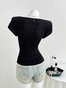 Elamini Dam T-shirt med kort ärm och kontrasterande spets, sommar, avslappnad - Grå - Visa 2