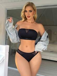 2pcs Front Closure Mesh Patchwork Lingerie Set - Black - View 4