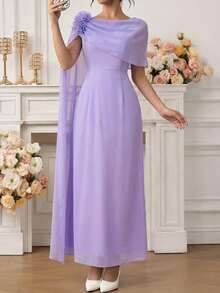 Ellevyn 女士纯色浅紫色收腰不对称花卉装饰优雅雪纺连衣裙，适合秋季、冬季和早春日常穿着。 - 紫色 - 查看 7