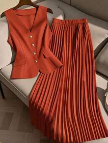 GlowEve CURVE 女士橙色无袖背心，带金属扣假口袋，收腰设计 + 长款百褶裙，大码两件套，春夏款 - 橘色 - 查看 4