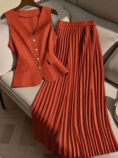 GlowEve CURVE Women's Orange Sleeveless Vest With Metal Buckle Fake Pockets, Waist Cinching + Long Pleated Skirt Plus Size 2-Piece Set, Spring/Summer