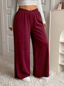 SHEIN EZwear 秋冬大码酒红色V腰阔腿休闲裤 - 酒紅色 - 查看 3