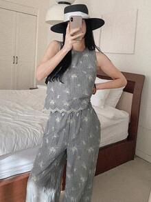 DAZY Women's Round Neck Sleeveless Striped Embroidered Vest And Loose Straight Leg Pants 2-Piece Set, Casual Vacation Style - Grey - View 8