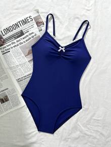 SHEIN 少女荷叶边拼接前褶皱蝴蝶结连体泳衣 - 藏蓝色 - 查看 7