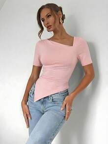 Almamuse Women's Solid Color Short Sleeve Ruched Fitted Asymmetrical T-Shirt Pink Top - Pink - View 4
