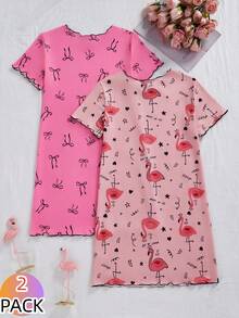 SHEIN 2件套 女童可爱蝴蝶结火烈鸟印花舒适长款睡衣家居服套装 - 彩色 - 查看 2