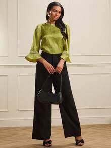 Lilora 女士优雅提花喇叭袖宽松圆领衬衫 - 綠色 - 查看 6