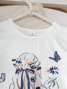 SHEIN 2件組少女白色短袖上衣與可愛花卉背印百褶迷你裙套裝 夏季童裝 T恤牛仔印花 7歲生日 - 藏蓝色 - 查看 4