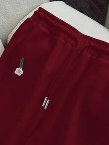 Franclia 女士时尚刺绣骑士圆领卫衣裤套装，含抓绒内衬，色彩鲜艳的刺绣套装，休闲套装 - 酒紅色 - 查看 5