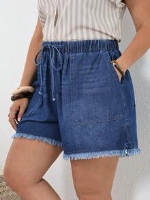 SHEIN CURVE+ Plus Size Women Drawstring Waist Pockets Wide Leg Loose Frayed Hem Casual Denim Shorts - Blue - View 8