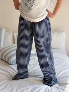 DAZY Tween Boy Drawstring Waist Striped Wide Leg Loose Pajama Pants - Navy Blue - View 5