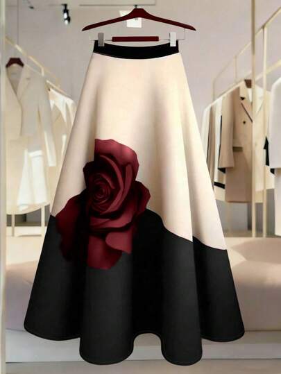 Franclia Women's High Waist Digital Print A-Line Skirt, Relaxed Casual Versatile Design 3d Flower Skirt Black And White Skirt Elegant Skirt Black And White Formal Skirt Rose Skirt