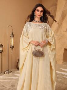 Al Najma Đầm tay cánh bướm màu vàng thanh lịch, đính họa tiết, thích hợp cho mùa xuân/hè. - Màu vàng - Xem 4