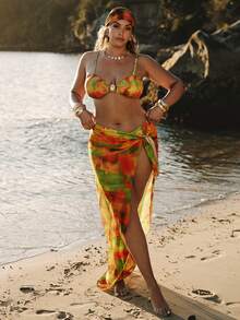 SHEIN BAE Bộ bikini hai mảnh gợi cảm kiểu tie-dye dành cho nữ cỡ lớn, kèm váy, thích hợp mặc đi biển mùa hè. - Nhiều màu - Xem 7