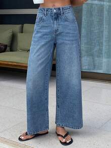 DAZY Women's Pocket Button Casual Versatile Daily Wear Wide Leg Jeans - Medium Wash - View 2