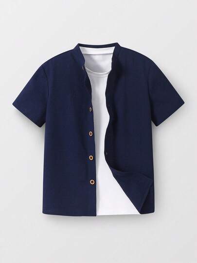 Camisa casual de manga corta de un solo pecho de unicolor para niños preadolescentes, de tela texturizada, cómoda y de moda, versátil para uso diario, escuela, viajes, playa y fiestas