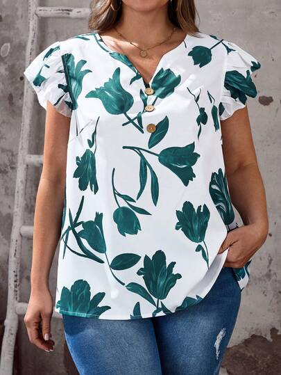 EMERY ROSE 大码女式V领印花休闲百搭日常衬衫