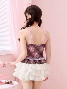 ROMWE Kawaii Women's Cute Lace Trim Bow Plaid Camisole - Pink - View 3
