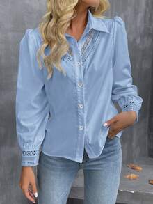 SHEIN LUNE Casual Vacation Style Hollow-Out Patchwork Long Sleeve Shirt - Light Wash - View 5