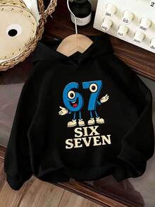 SHEIN 青少年男孩黑色長袖連帽衛衣，秋季開學街頭風 SIX SEVEN 數字圖案運動上衣，舒適休閒運動上衣 - 黑色 - 查看 6
