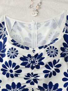 Trelyra Vestido largo con cuello cuadrado, mangas con volantes y estampado para mujeres - Azul - Ver 5