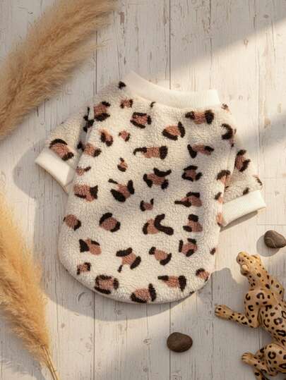 PETSIN 1 pieza Sudadera suave con cuello redondo para mascotas con estampado de leopardo en caqui, cálida y cómoda, para otoño/invierno