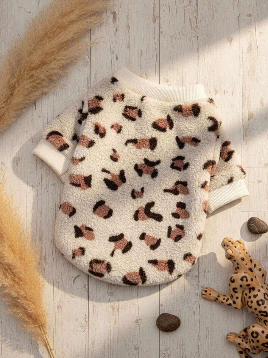 PETSIN Áo nỉ cổ tròn mềm mại, in họa tiết da báo màu kaki cho chó cưng, ấm áp và thoải mái, thích hợp cho mùa thu/đông. - Nhiều màu - Xem 1