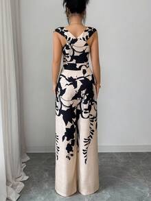 Rafferiza 女士露肩印花收腰阔腿连体裤，休闲度假装，春夏款 - 杏色 - 查看 2