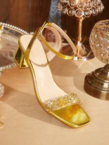 CUCCOO TILAWA Giày sandal cao gót nữ thời trang, thanh lịch, kiểu dáng bất đối xứng, mạ điện, đính đá pha lê vàng, thích hợp cho các buổi tiệc, liên hoan và các dịp khác. - Vàng - Xem 3