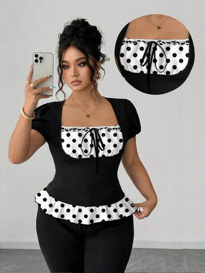 Elenzga 大码女式极简时尚系带白色底黑色波点拼接黑色弹力修身短袖T恤