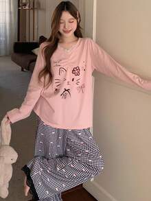 DAZY 2件套卡通印花蕾丝拼接V领宽松长袖T恤和格子裤女士睡衣套装 - 粉色 - 查看 5