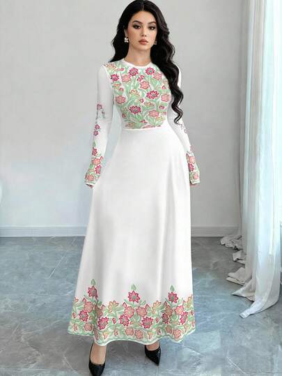 Modelyn Vestido de manga larga con cuello redondo y corte evasé con estampado floral y de hojas para mujer, primavera