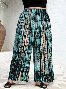 SHEIN CURVE+ Curve 尺码 US22 音乐节、海滨度假、波西米亚风 CURVE PLUS / / 女士条纹弹力腰阔腿宽松休闲裤 夏季/乡村/海滩度假装/海滩装/沙滩服饰 - 彩色 - 查看 5