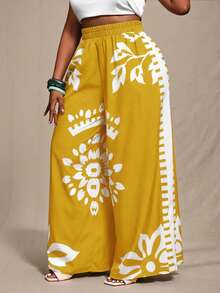 Veslaya 加大码黑白宽松撞色印花长裤，适合春夏穿着 - 黃色 - 查看 7