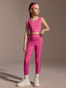 SHEIN Tween Girls Leopard Print Set, Fuchsia Fashionable Sportswear Set, Tank Top & Leggings Sets, Suitable For Casual, Yoga, Sports And More Occasions - Hot Pink - View 4