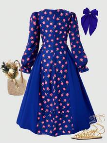 一件少女碎花连衣裙，方领金色蕾丝边，长喇叭袖，及地长款，侧边拼接，春季款 - 藍色 - 查看 2