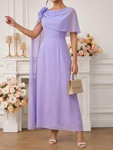 Ellevyn 女士纯色浅紫色收腰不对称花卉装饰优雅雪纺连衣裙，适合秋季、冬季和早春日常穿着。 - 紫色 - 查看 10