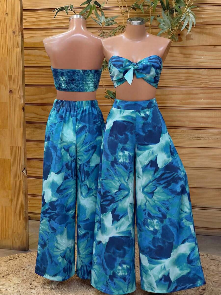 Lunelith SHEIN Lunessa 2件套女士碎花抹胸系带阔腿裤套装，春夏款 - 彩色 - 查看 1