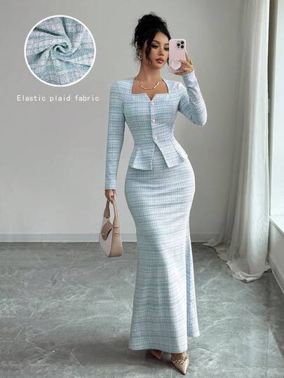 Elenzga 女士弹力格子长袖上衣和裙子两件套