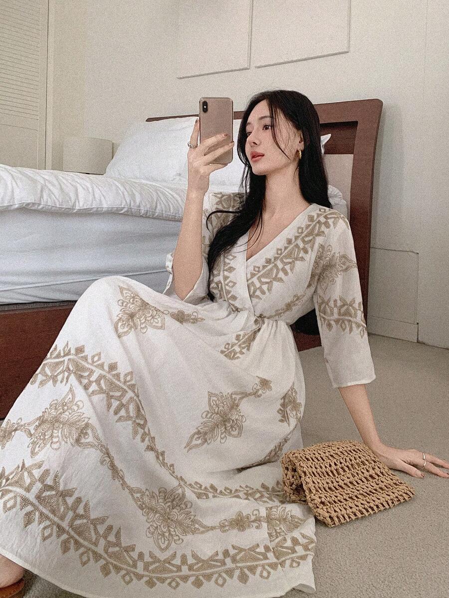 DAZY Women's V-Neck 3/4 Sleeve Waist Cinched Vacation Style Embroidered Maxi Bohemian Dress - Gold - View 1