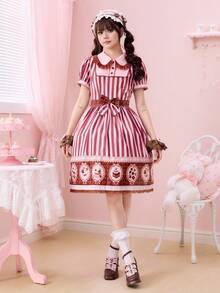 ROMWE Kawaii Đầm midi phối ren, họa tiết sọc, cổ ve áo, họa tiết món tráng miệng sô cô la dễ thương dành cho nữ. - Nhiều màu - Xem 5