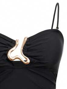 Sirith 3pcs Women's Black Solid Color Swimwear Set, Includes Tight-Fitting Sexy Swimwear Top, Asymmetric Cutout Ruched Tankini Bottom, And Tight Mini Skirt, Suitable For Swimming, Vacation, Beach, Pool Party - Black - View 5