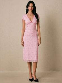 Poéselle 女士优雅碎花V领中长连衣裙，夏季粉色碎花女装连衣裙，粉色中长连衣裙，粉色花朵连衣裙，女士连衣裙，印花连衣裙，女士碎花连衣裙，碎花中长连衣裙 - 粉色 - 查看 6