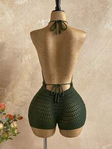 Soleia Women's Vacation Knit Textured Fabric Halter Mini Jumpsuit, Sexy Party Date Beach Holiday Summer Outfit, Suitable For Holiday Date, Afternoon Tea, Wedding Season, Beach Cruise Vacation, City Road Trip Vacation, Boho Vacation, Music Festival,Carnival - Green - View 2