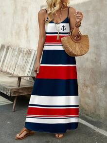 EMERY ROSE 女士舒适弹力针织海军蓝条纹红蓝撞色休闲度假长裙，适合夏季穿着，女士休闲连衣裙，时尚连衣裙 - 彩色 - 查看 1